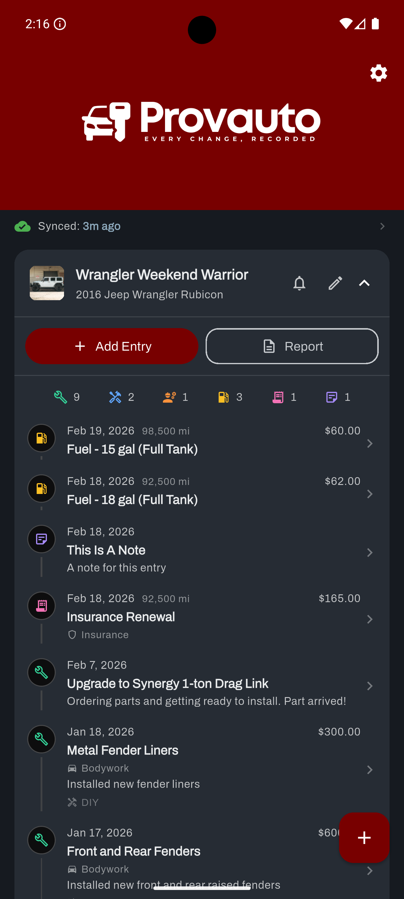 Provauto app showing vehicle timeline